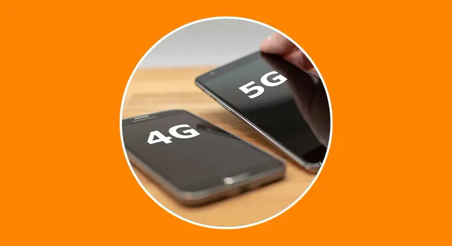 Dos teléfonos móviles, uno con "4G" y otro con "5G" en pantalla, comparando la evolución de la tecnología móvil.