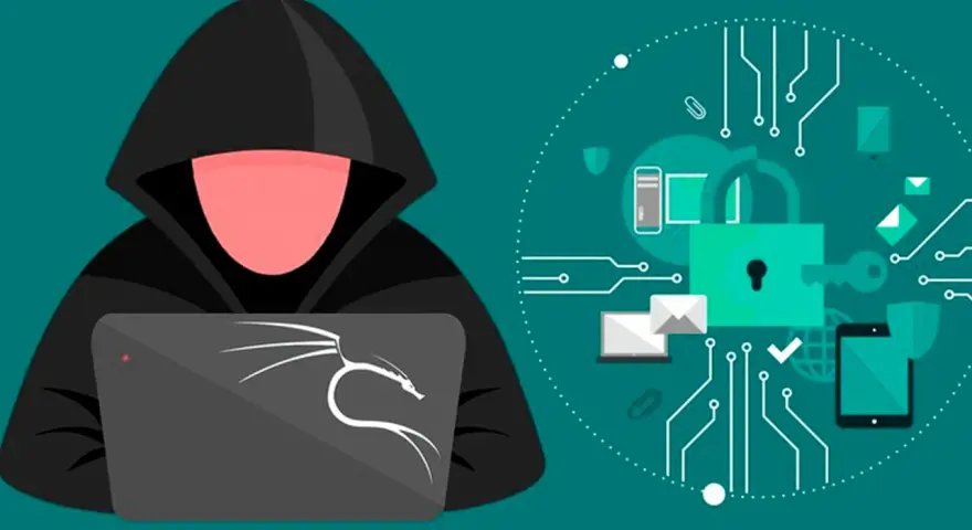 Figura de un hacker con capucha usando un portátil con el logo de Kali Linux. A su lado, un círculo con iconos de seguridad y un sniffer de red.