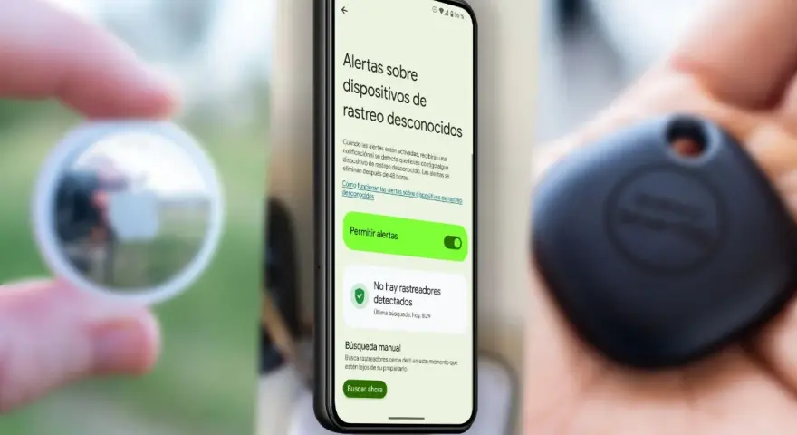 Teléfono muestra cómo activar "Encontrar mi dispositivo" para alertas de rastreo. Un localizador en mano.