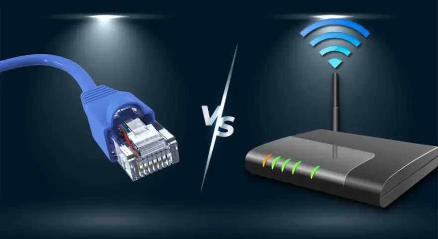 Cable Ethernet vs. router Wi-Fi. La conexión por cable ofrece una comunicación **full duplex** más estable y rápida.