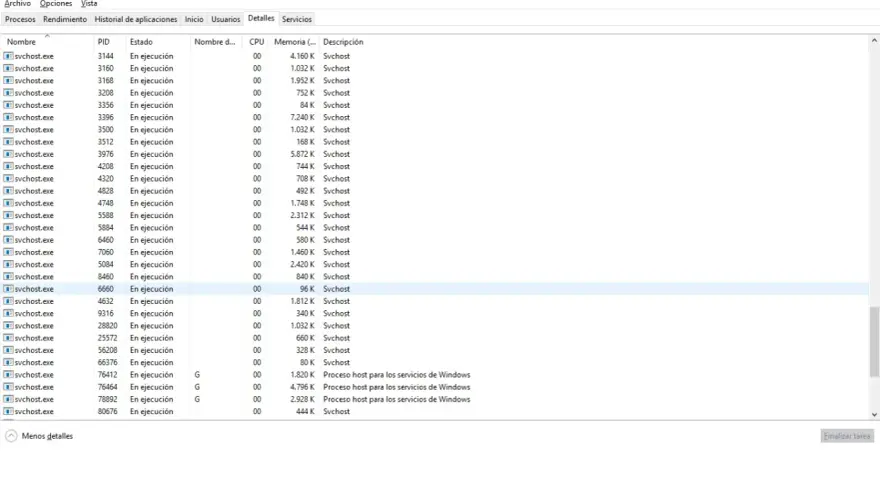 Ventana del Administrador de Tareas mostrando múltiples procesos svchost.exe en ejecución, cada uno con su PID, uso de memoria y descripción.