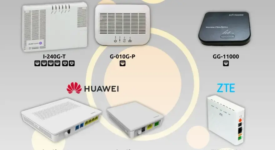 Varios modelos de ont router de marcas como Nokia, Huawei, ZTE y Movistar, cada uno con su nombre y diseño distintivo.