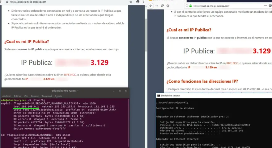 Ventanas y terminales muestran la IP pública 3.129, resultado de una consulta en un ordenador.