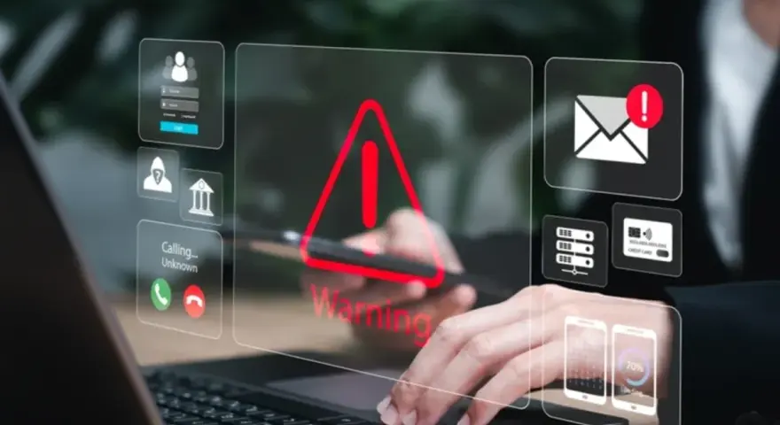 Alerta de seguridad digital: un mensaje falso podría estar acechando. Iconos de advertencia, correo, tarjetas y teléfonos flotan sobre un portátil.
