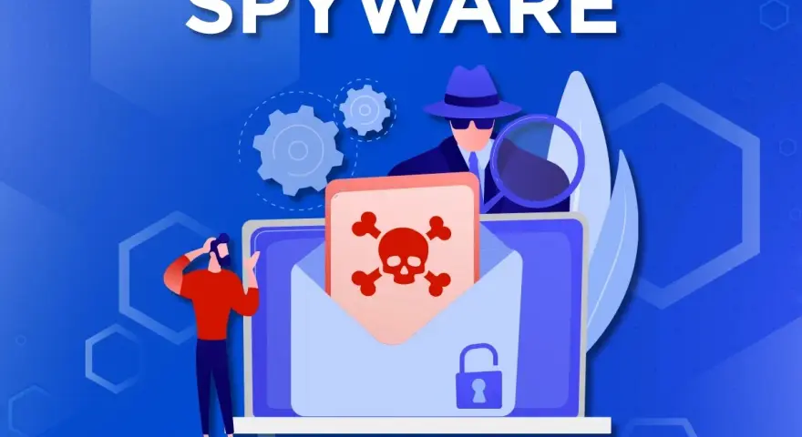 Ilustración sobre tipos de spyware: un detective con lupa investiga un sobre con calavera y candado, mientras una persona preocupada mira.