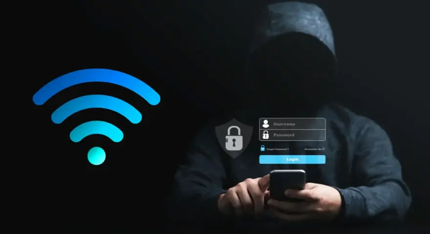 Persona con capucha intenta acceder a dispositivos conectados a mi wifi. Pantalla de inicio de sesión con candado y campos de usuario/contraseña.