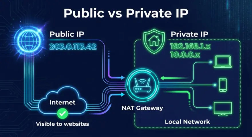 Ilustración comparando direcciones IP públicas y privadas, con un router y un globo para la pública, y una casa y dispositivos para la privada.