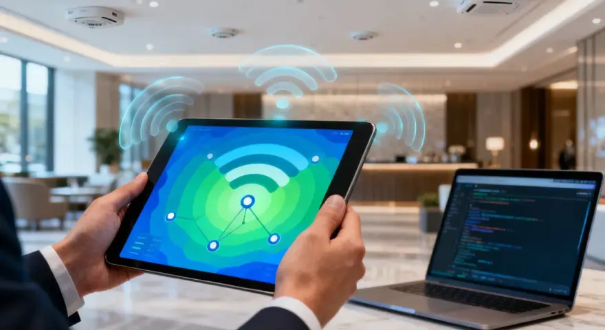 Persona usa una tablet para monitorizar red wifi, con gráficos de señal y puntos de conexión. Un portátil con código está cerca.