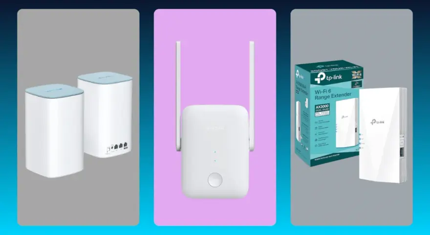 Tres repetidores Wi-Fi: dos blancos cilíndricos, uno blanco Xiaomi y un TP-Link con caja. Aprende como instalar un repetidor de wifi.