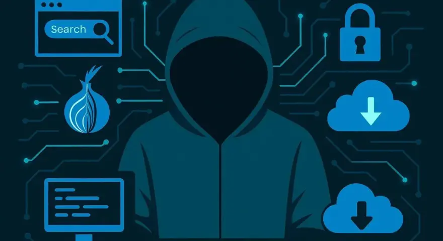 Figura de un hacker con un **security onion** en el centro, rodeado de iconos de búsqueda, candado, nubes y un monitor.