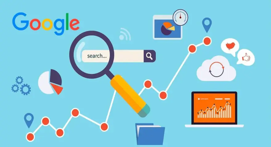Gráficos, lupa y el logo de Google. Representa la inteligencia x en la búsqueda de datos y análisis.