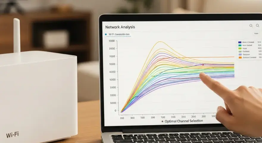 Un dedo señala un gráfico de análisis de red en una laptop, mostrando el rendimiento de varios canales Wi-Fi. Un router Wi-Fi blanco está al lado.