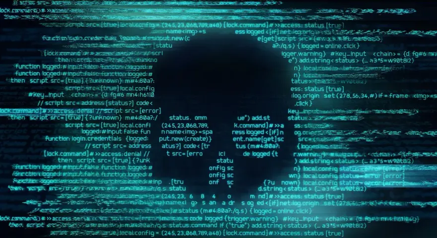 Código fuente con líneas de texto azul brillante, simulando un sistema de seguridad o un programa anti ransomware gratis.