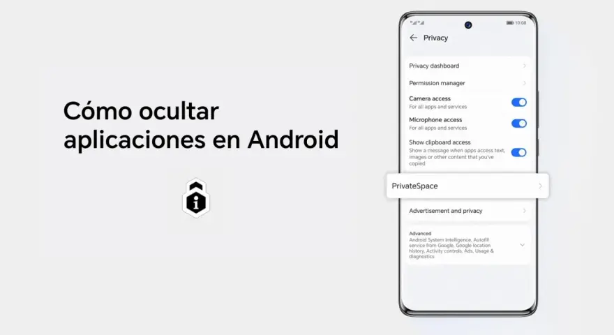 Guía visual sobre cómo ocultar aplicaciones en Android, mostrando la configuración de privacidad y la opción "PrivateSpace".
