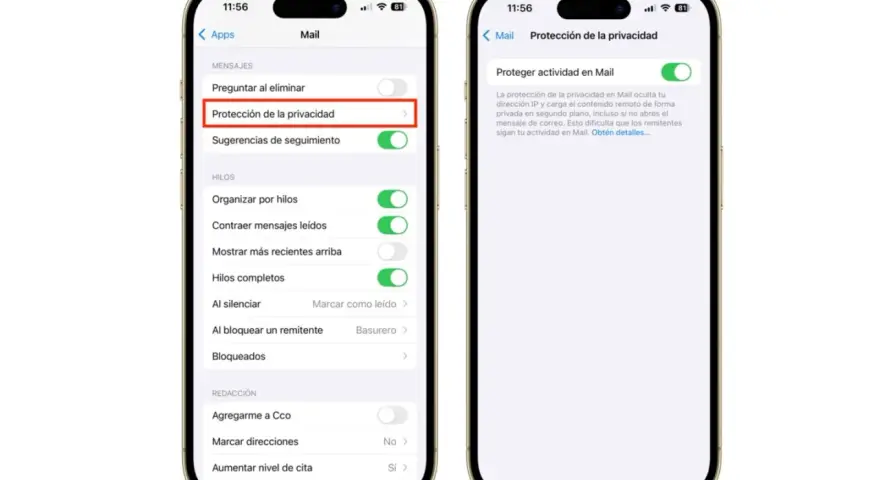 Ajustes de Mail en iPhone: "Protección de la privacidad" activada. Aprende como activar la localizacion de mi iPhone.