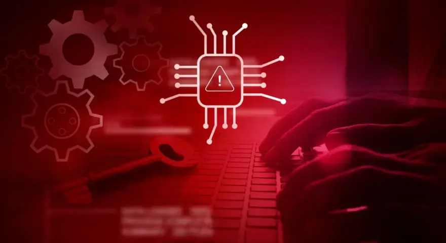 Manos tecleando, engranajes y una llave junto a un chip con alerta, simbolizando un virus digital.