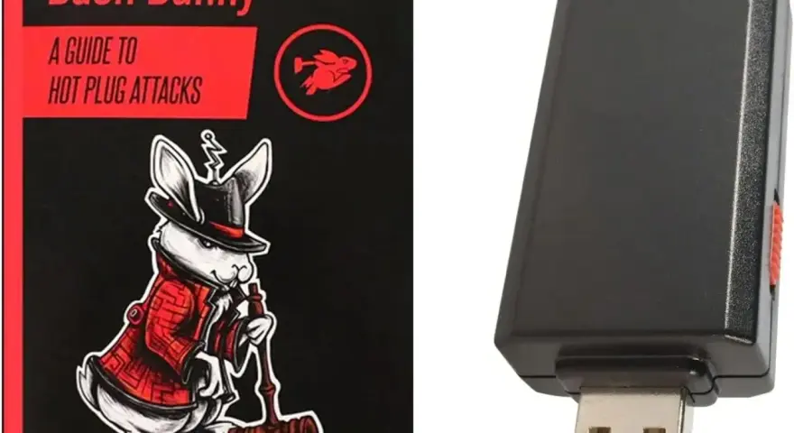 Un libro sobre "Bash Bunny" y un dispositivo USB negro. El libro muestra un conejo con sombrero y abrigo, listo para atacar.