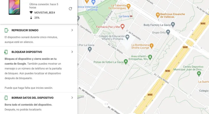 Pantalla de "Encontrar mi dispositivo" de Google. Muestra un tablet SM-T510 y un mapa. ¡No encuentro mi móvil!