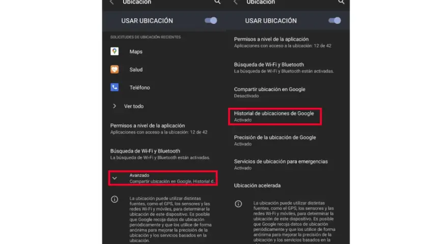 Ajustes de ubicación en Android. Muestra cómo activar el historial para ver la ubicación de un contacto.