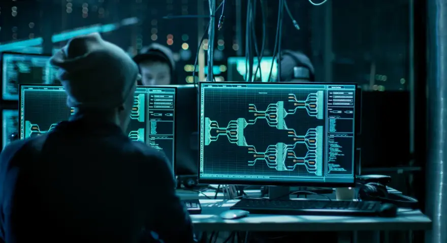 Un ordenador hacker en un cuarto oscuro, con pantallas mostrando diagramas de flujo y código.