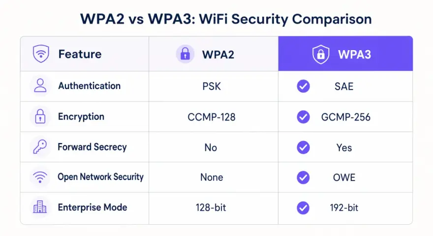 Tabla comparativa de seguridad WiFi: WPA2 vs WPA3. Muestra características como autenticación, cifrado y claves wifi WPA WPA2.