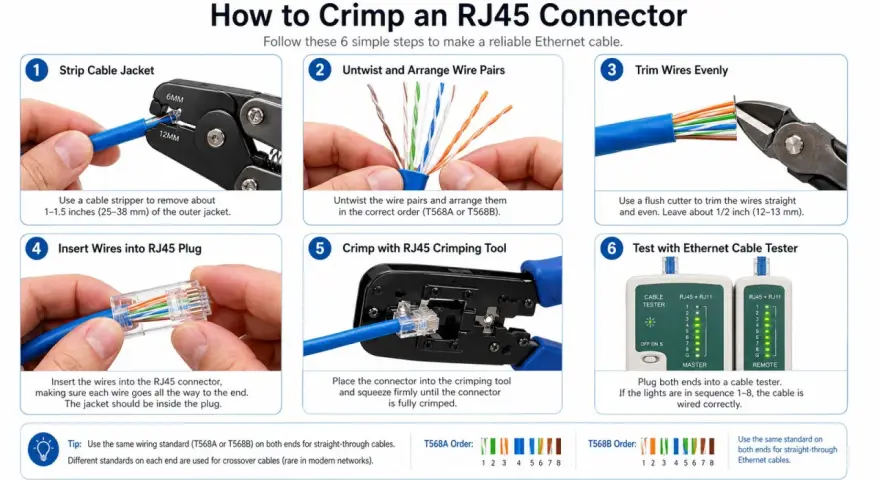 Guía paso a paso para crimpar un conector RJ45, incluyendo el orden de los cables T568A/B y la prueba con un tester.