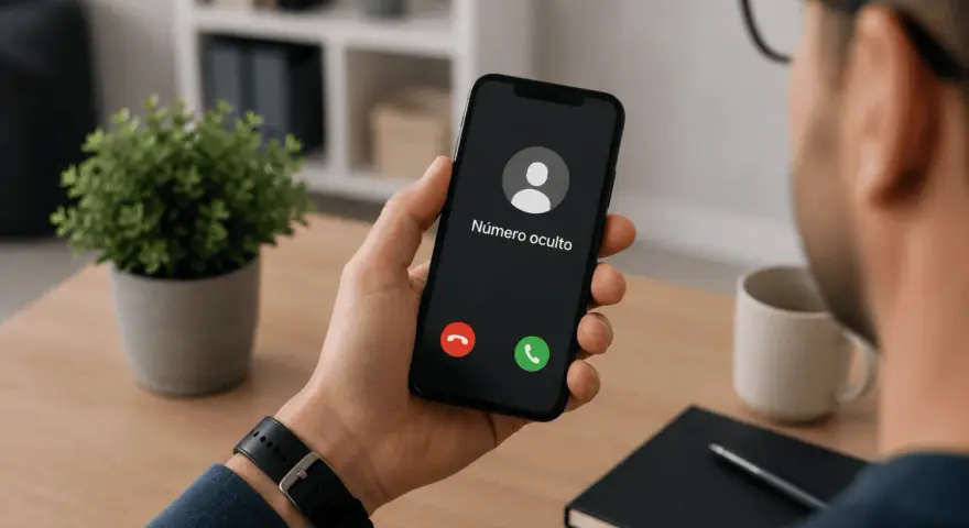 Un hombre mira su teléfono con una llamada entrante de "Número oculto". ¿Será posible rastrear llamadas anónimas?