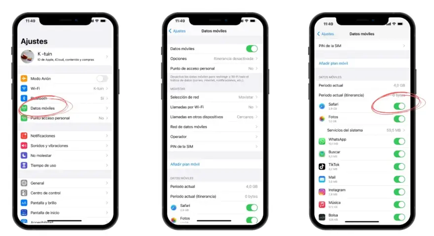 Captura de pantalla de un iPhone mostrando la configuración de "Datos móviles" para encontrar mi móvil iPhone. Se ve el uso de datos de Safari y Fotos.