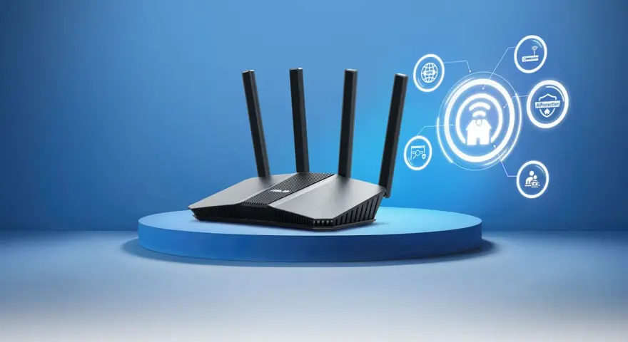 Router con antenas y diagrama de red con iconos de seguridad y conexión.