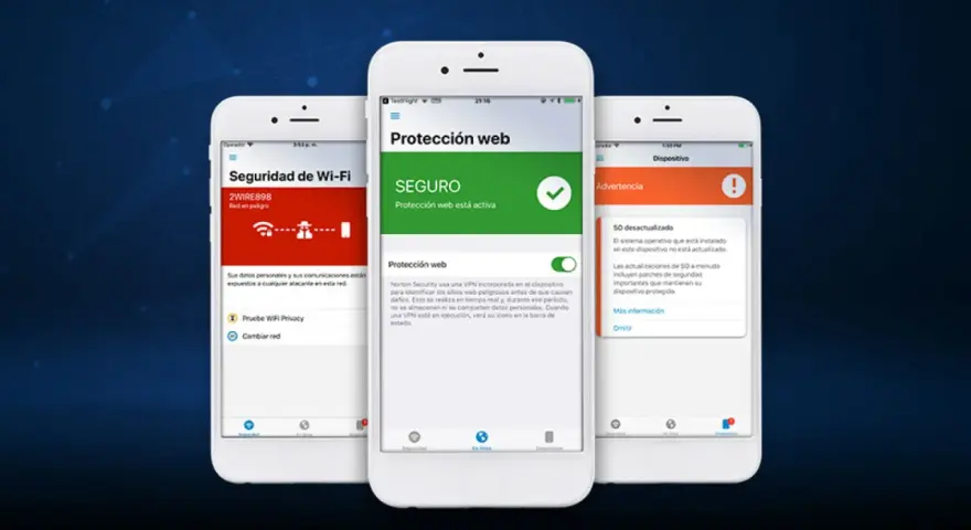 Tres móviles muestran interfaces de seguridad: Wi-Fi en peligro, protección web activa y advertencia de SO desactualizado. Ideal para pasar antivirus al móvil.