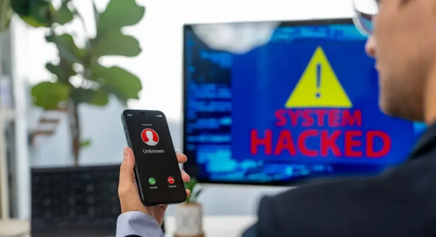 Un hombre recibe una llamada de un número desconocido mientras en la pantalla se lee "SYSTEM HACKED". ¡He sido hackeado!