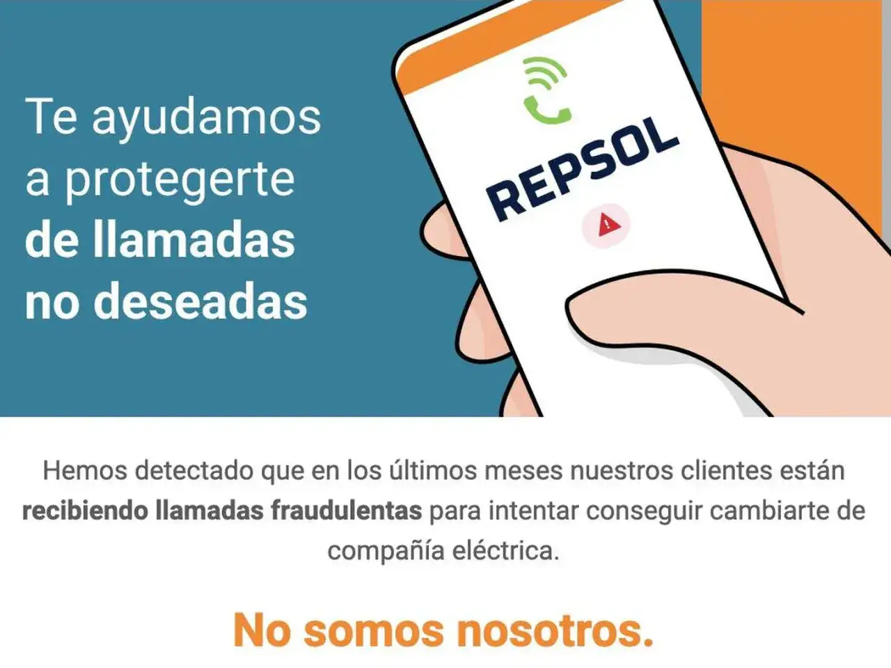 Mano sujeta móvil con logo Repsol. Texto: