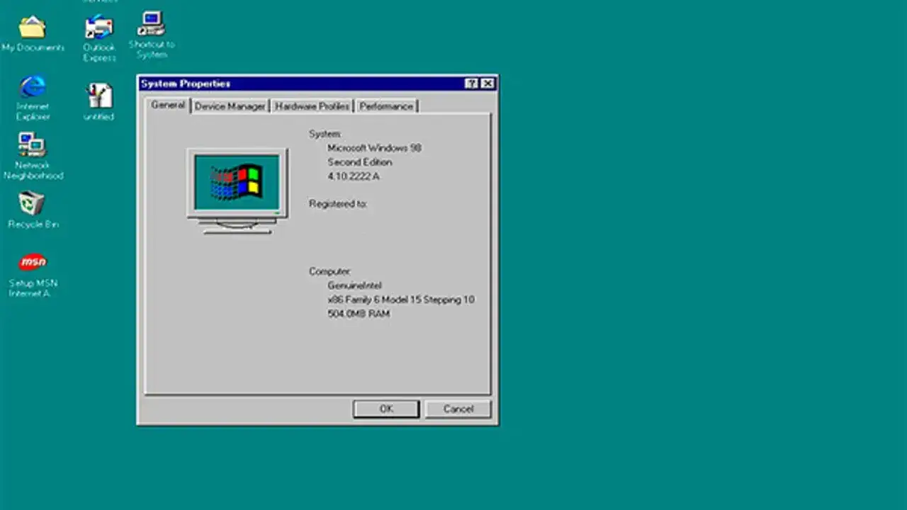 Ventana de Propiedades del Sistema de Windows 98, mostrando informaci&oacute;n del equipo. Quiz&aacute;s el virus Melissa se propag&oacute; as&iacute;.