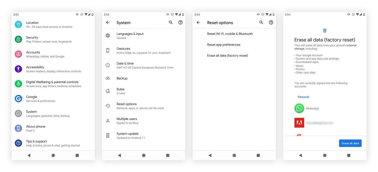 Pantallas de Android mostrando opciones de restablecimiento. Se puede ver la opción