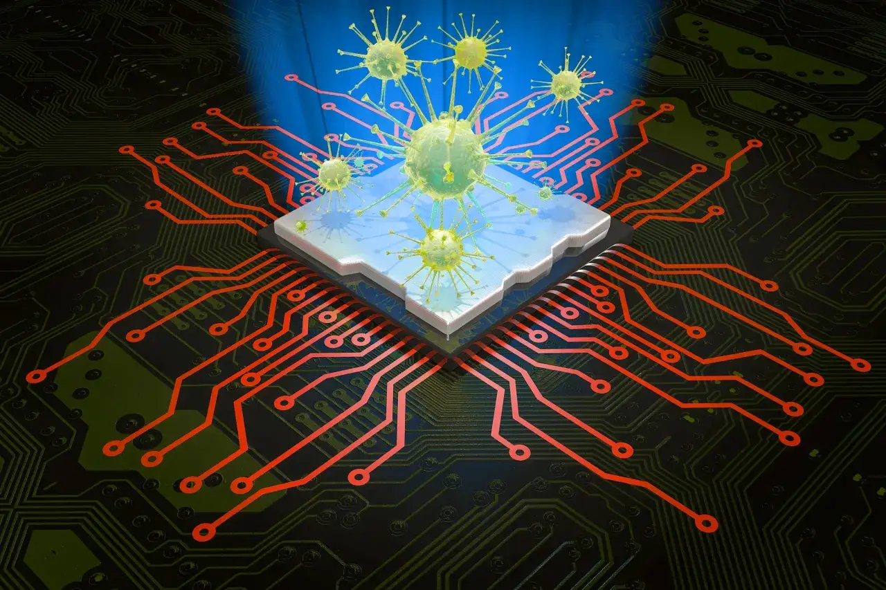 Virus blaster: virus atacando un microchip en una placa de circuito, simbolizando una amenaza digital.