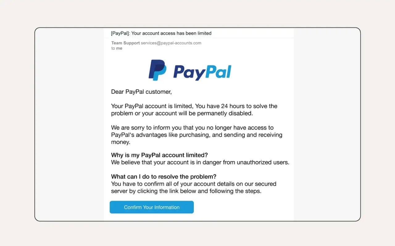Correo de PayPal alertando sobre acceso limitado. El texto, que parece un intento de spamear y robar datos, pide confirmar información.