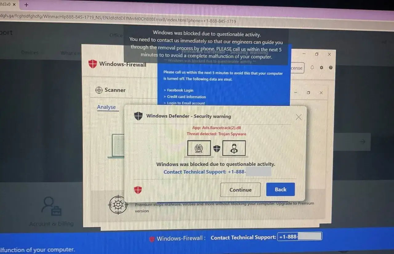 Alerta de scareware: Windows bloqueado por actividad dudosa. Te piden llamar a un n&uacute;mero para evitar mal funcionamiento.