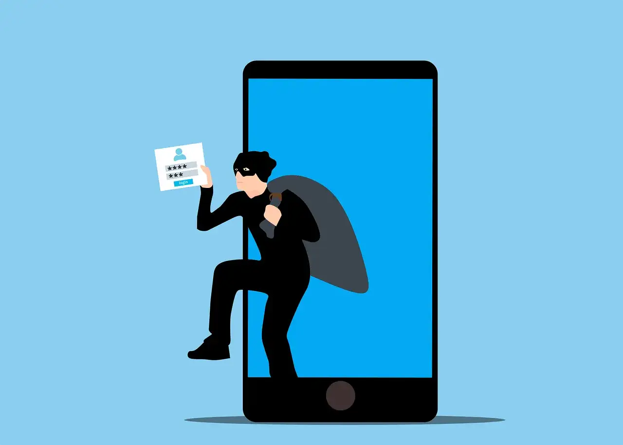 Ladrón sale de un smartphone con un saco, sosteniendo una tarjeta de inicio de sesión. ¡Ten cuidado, te pueden robar datos por una llamada!