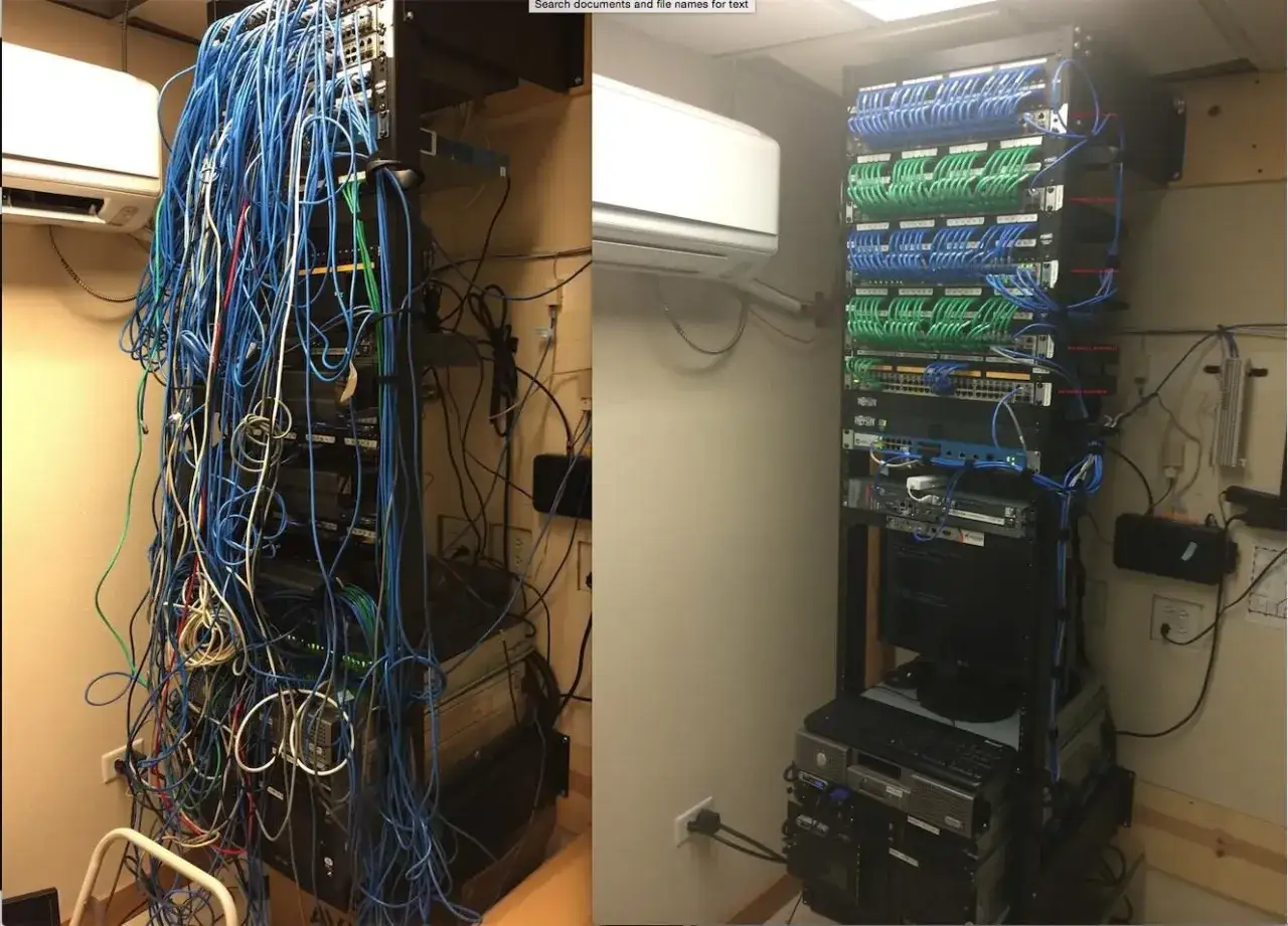 Un rack de servidores antes y después de la organización. El lado izquierdo muestra un caos de cables, mientras que el derecho presenta un rack ordenado con cables etiquetados.