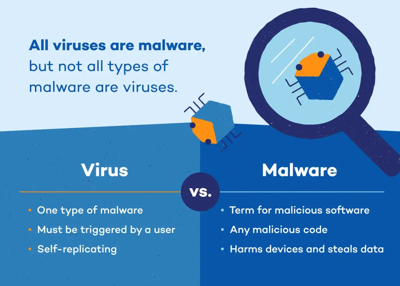 Ilustración compara virus y malware. Los virus son un tipo de malware, pero no todo malware es un virus.