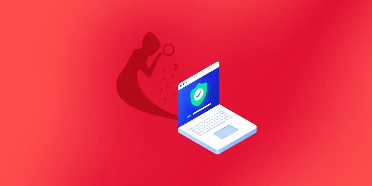 Sombra de hacker investiga datos binarios con lupa, cerca de un portátil con escudo de seguridad. Ideal para un blog ciberseguridad.