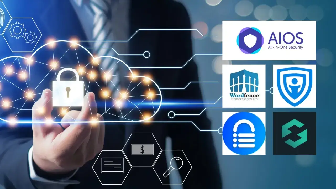 Manos protegiendo una nube digital con un candado, rodeada de iconos de seguridad y logos de plugins para seguridad wordpress.