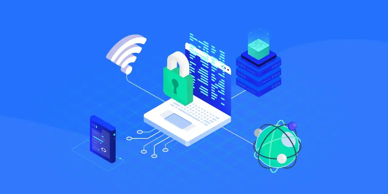 Ilustración de seguridad digital: laptop con candado, wifi, servidores y un átomo. ¿Cómo saber si mi wifi está hackeado?