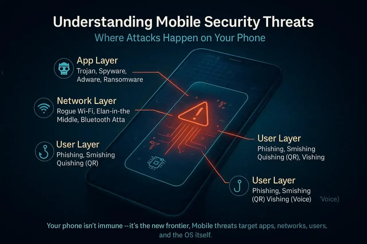 Ilustración de un móvil con capas de seguridad: App, Red y Usuario, mostrando cómo hackear un móvil es posible a través de malware, Wi-Fi falso o phishing.