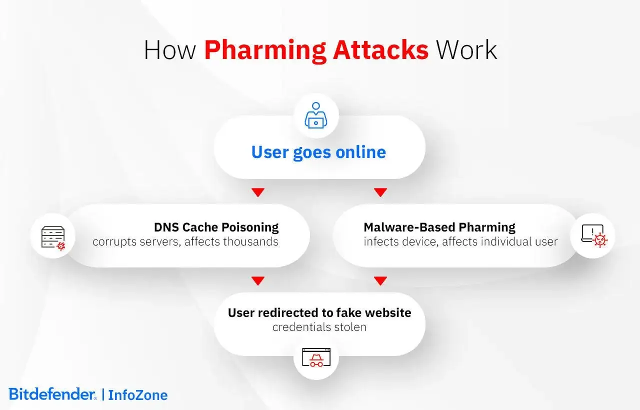 Diagrama explica que es pharming: el usuario se conecta, sufre envenenamiento de caché DNS o malware, y es redirigido a web falsa para robar credenciales.