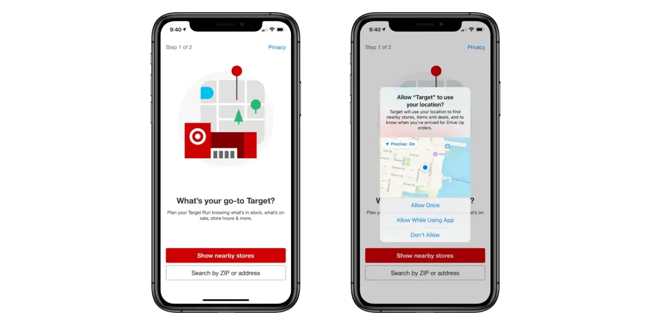 Pantalla de teléfono mostrando una solicitud de geolocalización para la app Target. Permite encontrar tiendas cercanas y planificar compras.