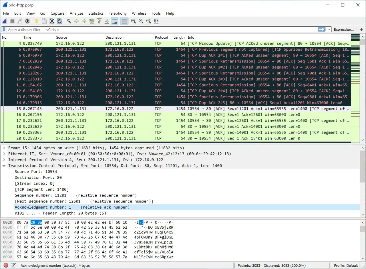 Captura de tr&aacute;fico TCP con Wireshark, mostrando retransmisiones y ACKs.
