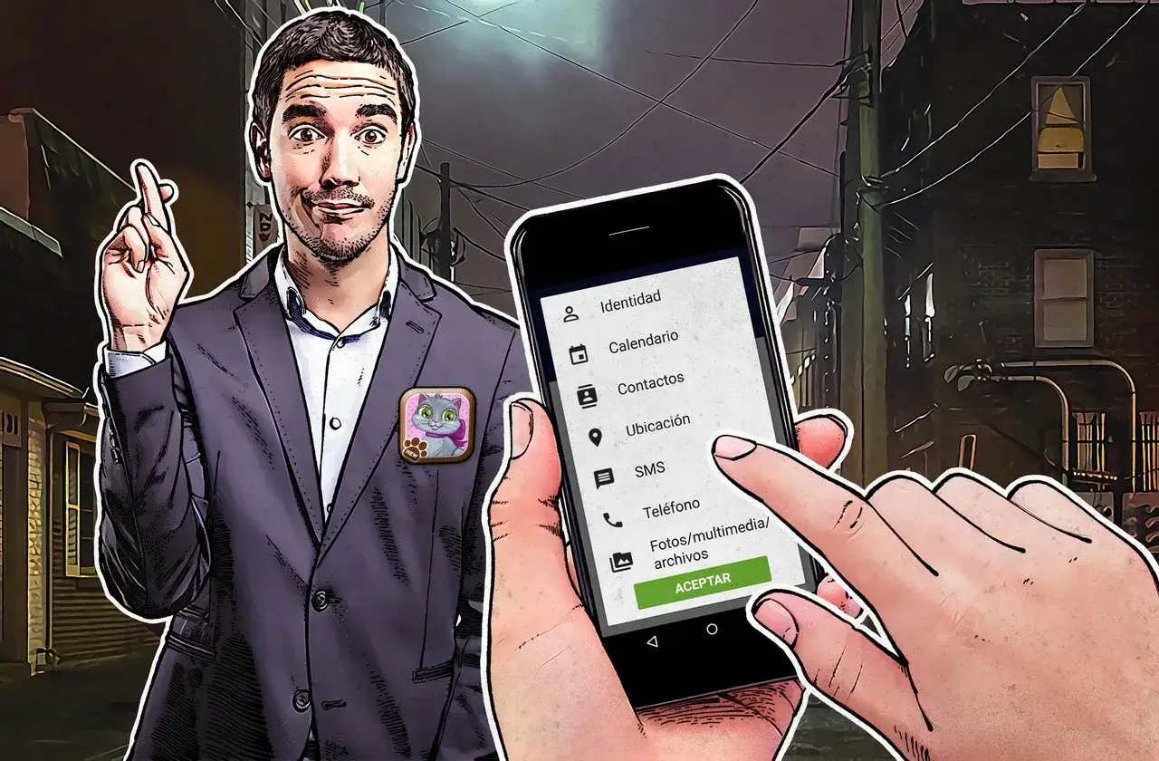 Hombre con gesto de suerte y un tel&eacute;fono que muestra opciones para hackear Android, incluyendo SMS y fotos.