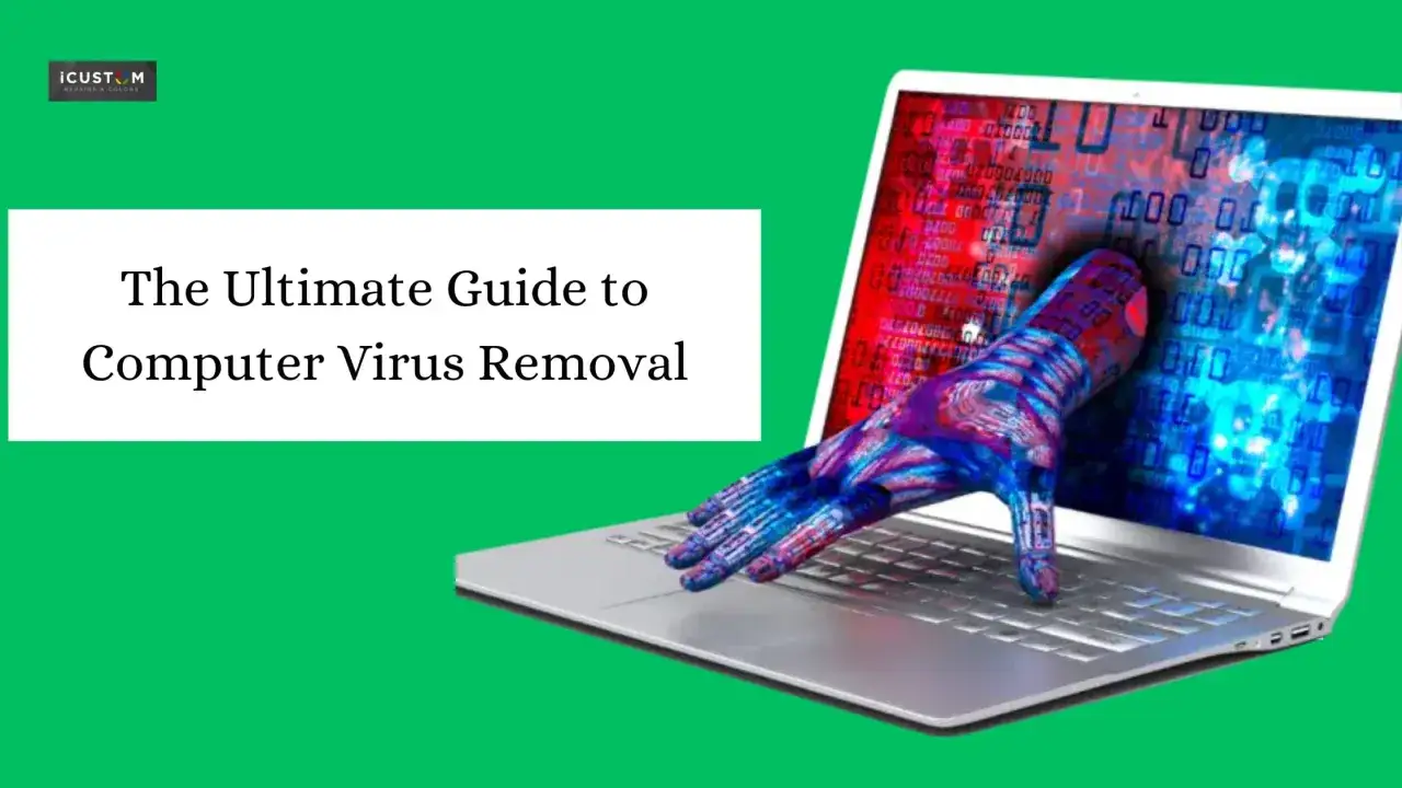 Mano digital emerge de una laptop, simbolizando la lucha contra el virus removal. Guía definitiva.