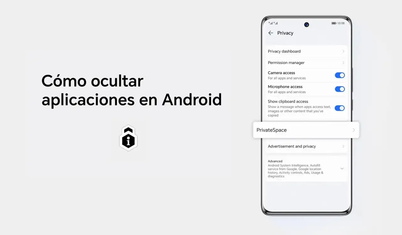 Pantalla de privacidad en Android mostrando opciones para gestionar permisos y la función PrivateSpace, ideal para mantener aplicaciones ocultas.